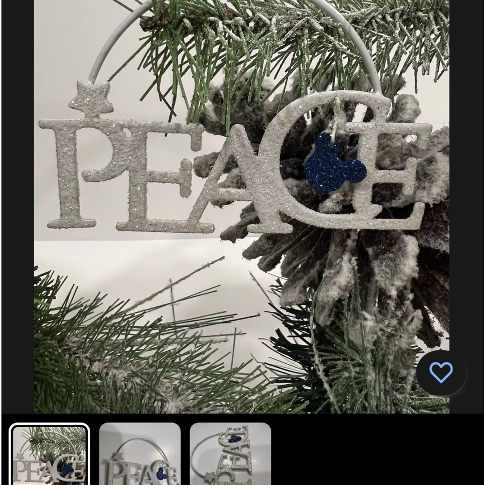 Disney Vintage Mickey White Glitter Ornament PEACE Christmas 31/2x21/2"
